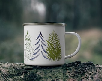 Three Pines Forest Enamel Camping Mug | Watercolor Printed Coffee Mugs | 12 oz Stainless Steel | Gifts for Outdoors, Evergreen Tree, Gamache