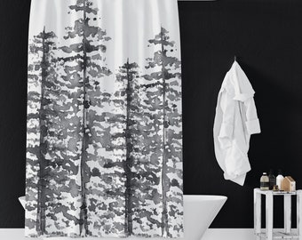 Ever gray Evergreen Trees Pattern Shower Curtains | Abstract Botanical Watercolor | Bathroom Refresh Gifts | 71x74 in | Gray Pines Fir Cedar
