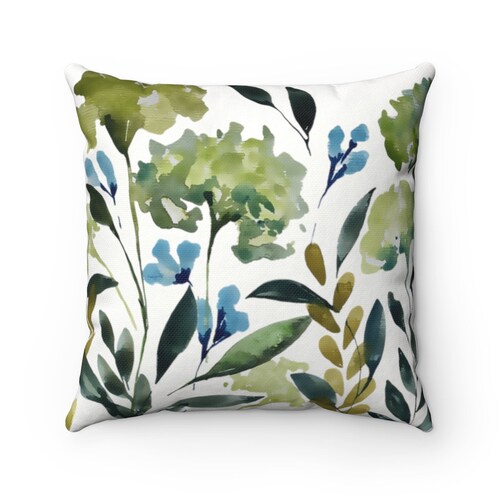Blue Green Floral Throw Pillow Cover With Zipper Decorative Etsy