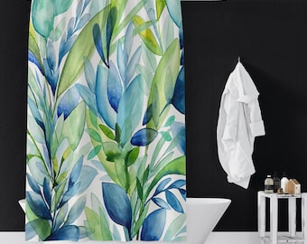 Blue Green Leaves on Shower Curtains | Botanical Watercolor Print Shower Curtains | Bathroom Refresh Gifts | 71x74 in