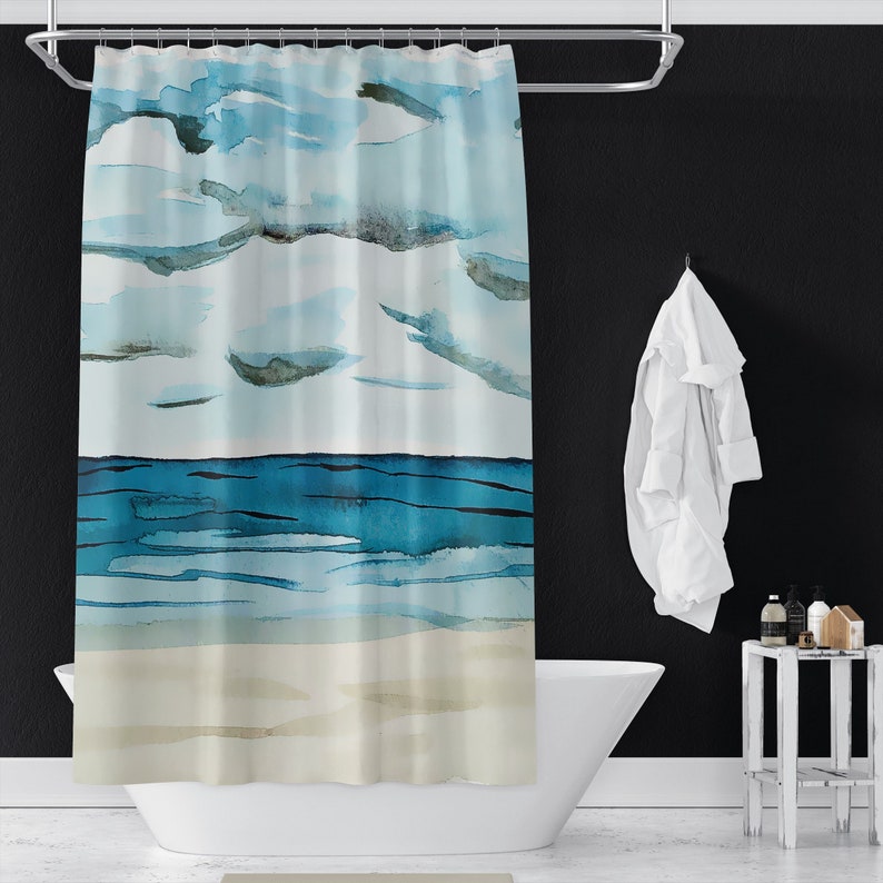 Calm Seas on Shower Curtains Summer Beach Watercolor Print Shower Curtains Bathroom Refresh Gifts 71x74 in image 1