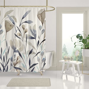 Calm Floral Shower Curtain | Modern Botanical Bathroom Decor | ~71x74 inch | Beige Indigo Blue Gray White