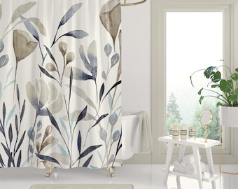 Calm Floral Shower Curtain | Modern Botanical Bathroom Decor | ~71x74 inch | Beige Indigo Blue Gray White