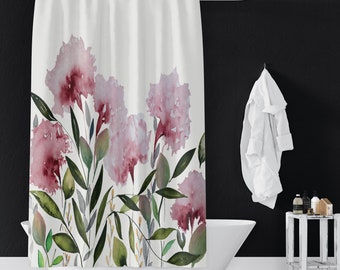 Pink Posy Floral Shower Curtains | Botanical Flowers Foliage | Bathroom Refresh Gifts | ~71x74 in, Spun Poly Fabric | Green Gray Red White