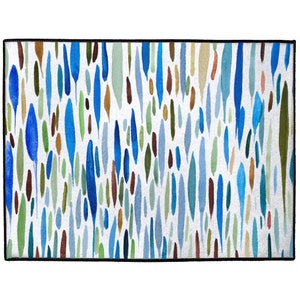 May include: Abstract watercolor rug with a white background and a pattern of blue, green, brown, and beige shapes.