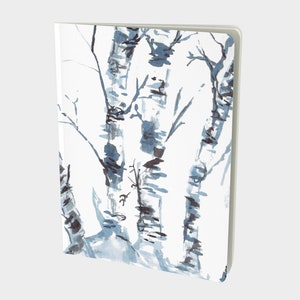 May include: A watercolour painting of a birch tree forest in shades of blue and white. The trees are tall and slender, with a white background.