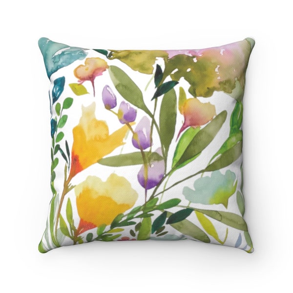 Summer Flowers Bright Print Throw Pillow Cover | Spun Polyester Square Pillowcase with Hidden Zipper | Botanicals, Green Pink Blue Purple