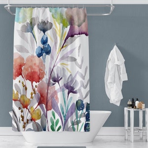 Modern Boho Flowers II Shower Curtains | Floral Watercolor Print Shower Curtains | Bathroom Refresh Gifts | 71x74 in