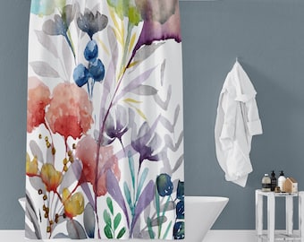 Modern Boho Flowers II Shower Curtains | Floral Watercolor Print Shower Curtains | Bathroom Refresh Gifts | 71x74 in