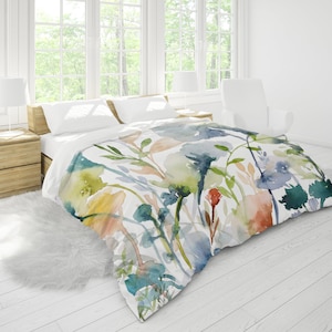Spring Flowers King Duvet Cover in King, Queen, Full, Twin Standard Sizes | Floral Watercolor Print in Teal Red Yellow Blue Green White