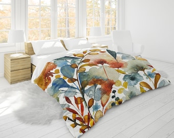 Fall Flora II King Duvet Cover | King, Queen, Full/Double, Twin | Rust, Blue, Yellow, Orange, Beige, Gray, Red, White Green | Cotton Sateen