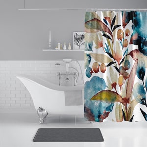 Autumn Flora on Shower Curtains | Botanical Watercolor Floral Print Shower Curtains | Bathroom Refresh Gifts | 71x74 in | Teal Rust White