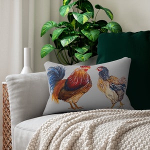 The Beautiful Chickens are Smug Farm Chickens | Spun Polyester Lumbar Pillow | Colorful Farmhouse Home Decor | Cover & Insert