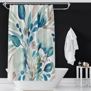Teal FTT Floral Pattern Shower Curtains | Botanical Shower Curtains | Bathroom Refresh Gifts | 71x74 in | Green Blue Beige White
