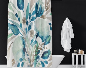 Teal FTT Floral Pattern Shower Curtains | Botanical Shower Curtains | Bathroom Refresh Gifts | 71x74 in | Green Blue Beige White