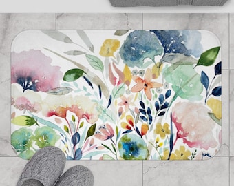 Garden Flowers II on Microfiber Memory Foam Bath Mat | Botanical Watercolor Print on White | Bathroom Decor | Two Sizes Available