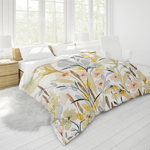Soflora Botanical Garden Duvet Cover | King, Queen, Double Full, Twin | Cotton Sateen, Hidden Zipper | Yellow Gray Charcoal Black White