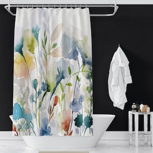 Spring Flowers on Shower Curtains | Floral Watercolor Print Shower Curtains | Bathroom Refresh Gifts | 71x74 in | Green Blue Teal Yellow Red
