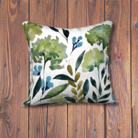 Hydrangea Floral Watercolor Print on 18x18 inch Square Throw Pillow Cover | Hidden Zipper, 4 Fabric Options, Double Sided Print | Blue Green
