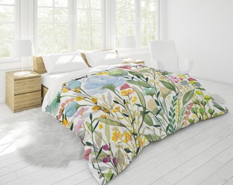 Wildflower Mix Duvet Cover | King, Queen, Double, Twin | Floral Bedding, Cotton Sateen, Off White | Green Blue Yellow Pink Orange Red Purple