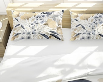 Indigo Autumn Floral Bed Pillow Sham | King and Standard Sizes | Cotton Sateen and Silk | Envelope Style with White Back | Navy Blue Cream