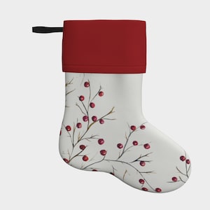 Berry Boughs Stocking | Holiday Decorations | Soft Velveteen Fabric | Festive Watercolor Print | Red Berries on Branches with Red Cuff