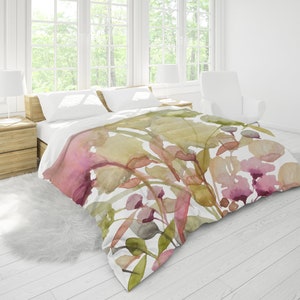 Fall Blush Flowers King Duvet Cover King, Queen, Full, Twin Standard Sizes | Floral Watercolor Print in Blush Pink Pastel Green Beige White