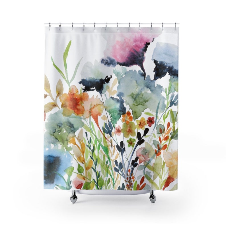Wildflowers Shower Curtains | Floral Watercolor Print Shower Curtains |  71x74 in Polyester Fabric | Loose Watercolor Style | Modern Boho Farmhouse | Pink Blue Orange Green Yellow Red Navy Beige on White