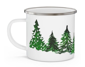 Evergreen Forest Enamel Camping Mug | Watercolor Printed Coffee Mugs | 12 oz Stainless Steel | Gifts for Outdoors, Green Pine Trees