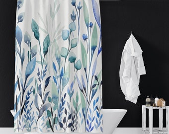 Botanical Blues Shower Curtains | Bathroom Decor | White Background | Blue, Teal, Navy, Seafoam, Sky, Blue Green
