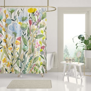 Wildflower Mix Shower Curtains | Botanical Bathroom Decor | 71x74 in, Off White Background | Green Blue Yellow Pink Teal