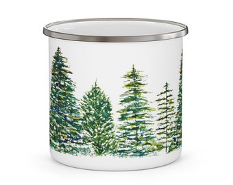 Pine Trees Enamel Camping Mug | Watercolor Evergreens Printed Coffee Mugs | 12 oz Stainless Steel | Gifts for Outdoors, Nature, Woods