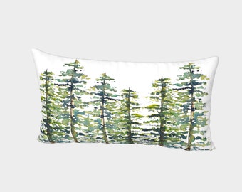 Pine Trees Watercolor Print on White | Bed Pillow Sham | King and Standard Sizes | Cotton Sateen and Silk | Envelope Style with White Back