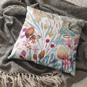Flower Fest on Throw Pillow Cover | Spun Polyester Square Pillow Case | Four Sizes: 14x14, 16x16, 18x18, 20x20 inches | Teal Rust Beige Red