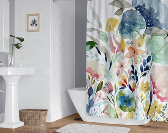 Garden Flowers II on Shower Curtains | Botanical Watercolor Print Shower Curtains | Bathroom Refresh Gifts | 71x74 in