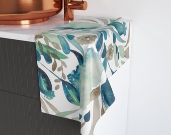 Teal FTT Floral Bright Hand Towel | Watercolor Flowers & Foliage | Botanical Gifts | Polyester and Cotton | 1-sided Print