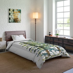 Pine Trees Watercolor Print on Comforter | Botanical Bedding in Green, Blue, Brown, Yellow, White | Evergreen Woods Holidays Alpine image 6