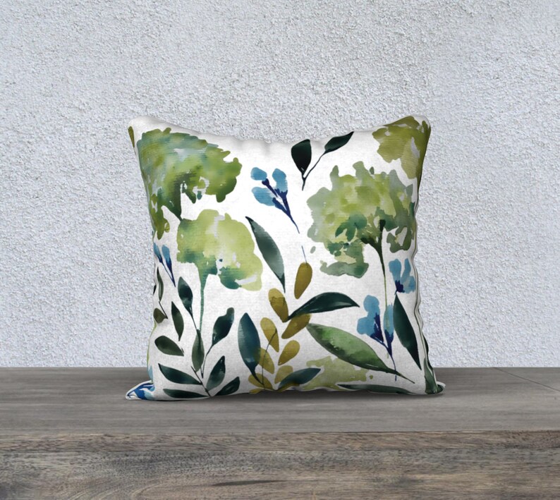 Hydrangea Floral Watercolor Print on 18x18 inch Square Throw Pillow Cover | Hidden Zipper, 4 Fabric Options, Double Sided Print | Blue Green bild 6