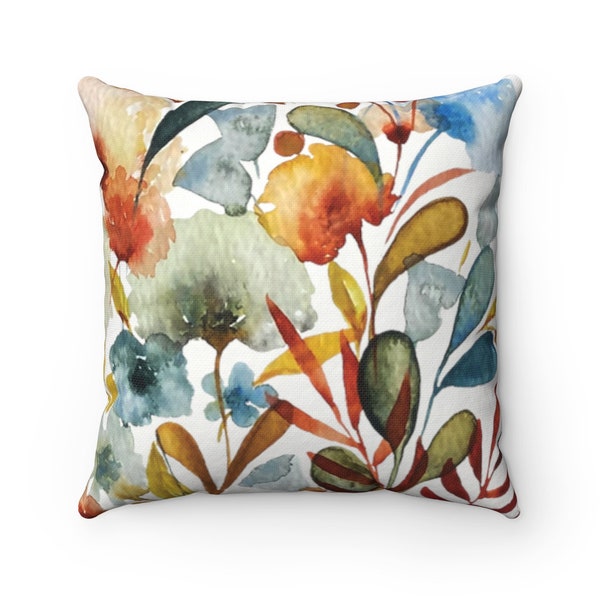 Fall Flora II Throw Pillow Cover | Spun Polyester Square Pillow Case | 4 Sizes: 14x14, 16x16, 18x18, 20x20 in | Orange Blue Green Red Yellow