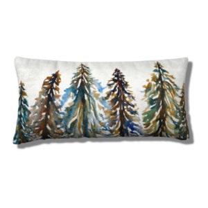 May include: A rectangular throw pillow with a white background and a watercolor design of a row of blue, green, and brown pine trees.