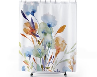 Zen Flowers on Shower Curtains | Floral Watercolor Print Shower Curtains | Bathroom Refresh Gifts | 71x74 in