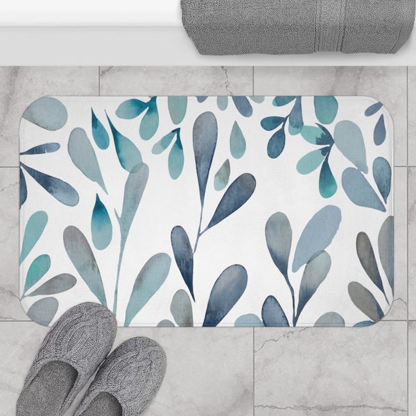 Sky Blue, Indigo, Gray Foliage Print Bath Mat | Anti-Slip Microfiber Memory Foam Bath Mat | Bathroom Rugs