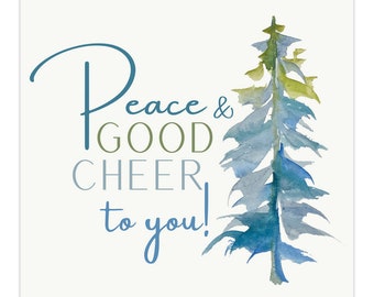 Peace & Good Cheer To You Wishful Tree | Blank Holiday Greeting Cards | Blue Green White | Square Folded Note Cards | Blue Green White Pine