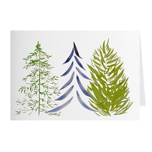 May include: Watercolor painting of three stylized trees. The trees are green, blue, and green. The trees are painted in a simple, abstract style.