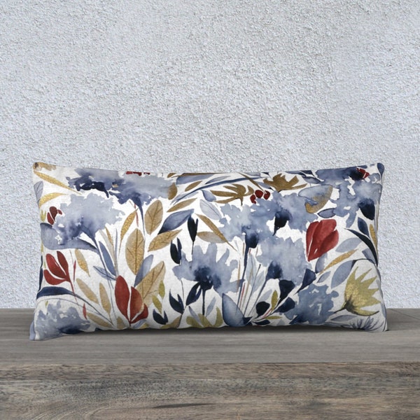 Floral Fireworks 24x12 inch Lumbar Throw Pillow Cover | Velveteen, Cotton Linen, Poly Canvas, Cotton Canvas | Navy Red Golden Yellow White