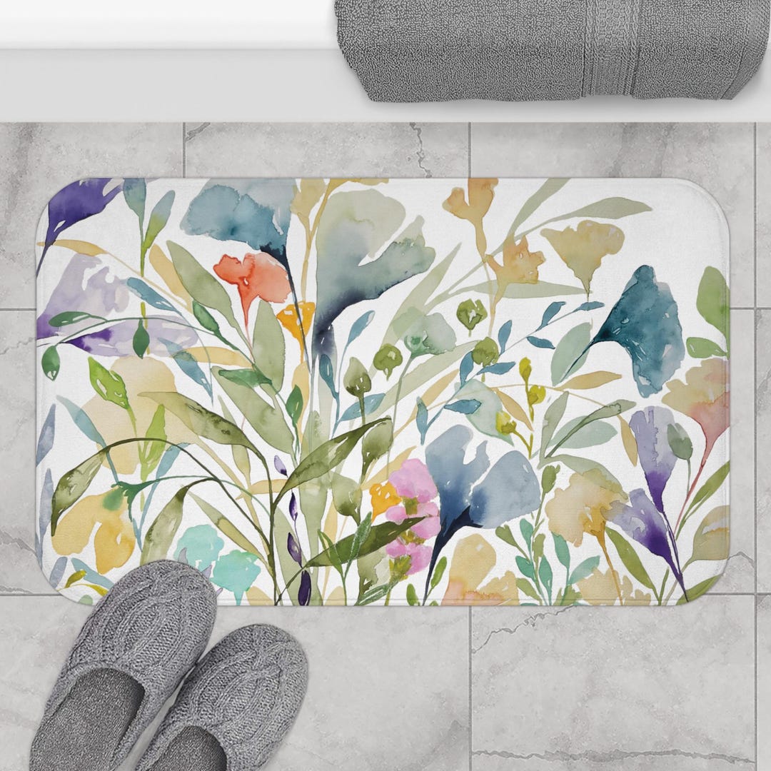 Springles #2 Microfiber Memory Foam Bath Mat | Floral Watercolor Print ...