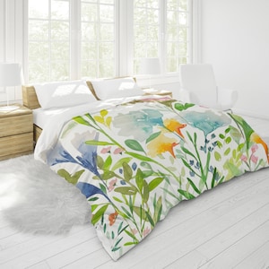 Summer Flowers II Duvet Cover in King, Queen, Full, Twin Standard Sizes | Floral Watercolor Print in Orange, Aqua, Lime, Green, Blue, Pink