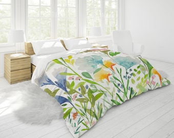 Summer Flowers II Duvet Cover in King, Queen, Full, Twin Standard Sizes | Floral Watercolor Print in Orange, Aqua, Lime, Green, Blue, Pink