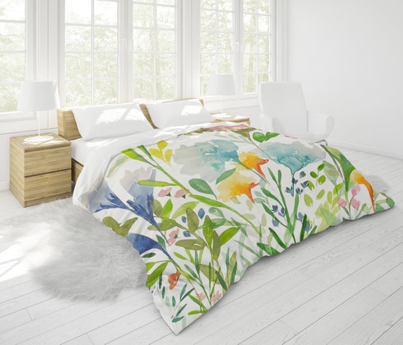 Summer Flowers II Duvet Cover in King, Queen, Full, Twin Standard Sizes | Floral Watercolor Print in Orange, Aqua, Lime, Green, Blue, Pink