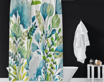 Emerald Green & Turquoise Floral Pattern Shower Curtains | Botanical Shower Curtains | Bathroom Refresh Gifts | 71x74 in | Green Blue Teal